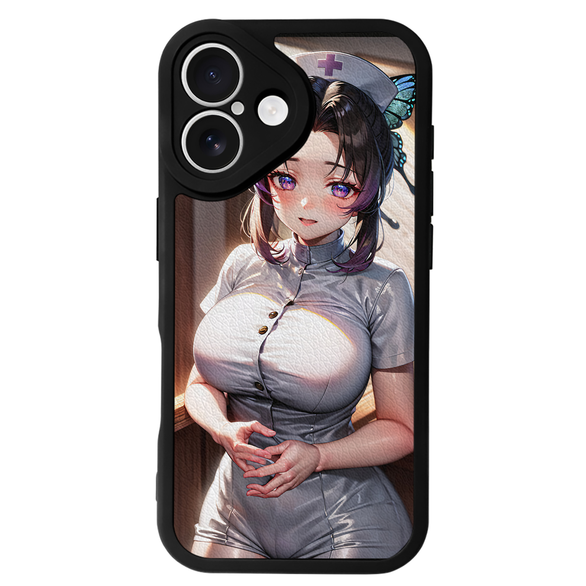 （画像用） 鬼滅の刃（きめつのやいば）蟲柱-胡蝶 しのぶ／こちょう しのぶ Kochou Shinobu 【iPhone 16シリーズ対応】シリコンスマホケース（レザー調） 材質：シリコン